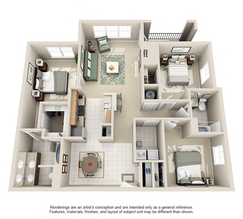 Floor plan for 3 beds, 2 baths, 1303 sqft
